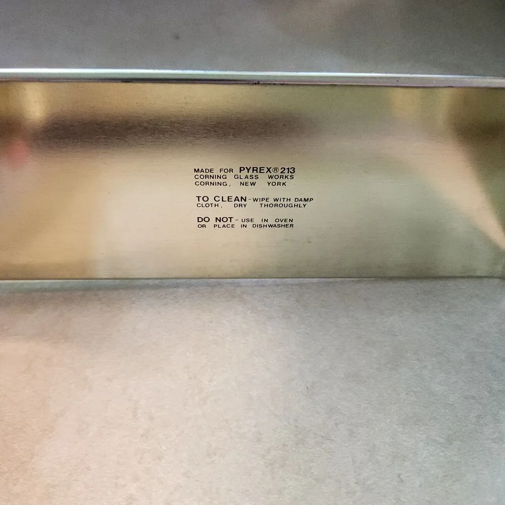 Vintage 80's Pyrex Amber Glass Loaf Pan  w/ Decorative Metal Carrier #213